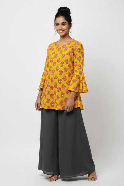 YELLOW HANDBLOCKED COTTON PRECUT 2.5M FABRIC