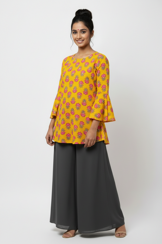 YELLOW HANDBLOCKED COTTON PRECUT 2.5M FABRIC