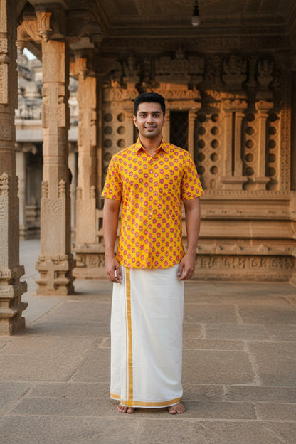 YELLOW HANDBLOCKED COTTON PRECUT 2.5M FABRIC