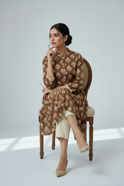 BROWN HANDBLOCKED COTTON PRECUT 2.5M FABRIC