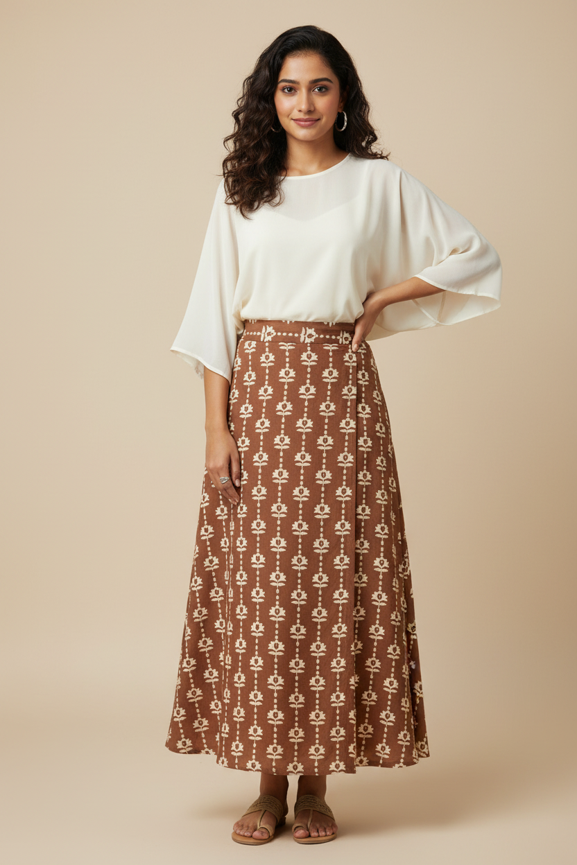 BROWN HANDBLOCKED COTTON PRECUT 2.5M FABRIC