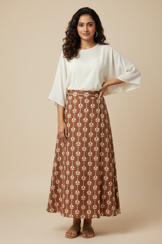 BROWN HANDBLOCKED COTTON PRECUT 2.5M FABRIC