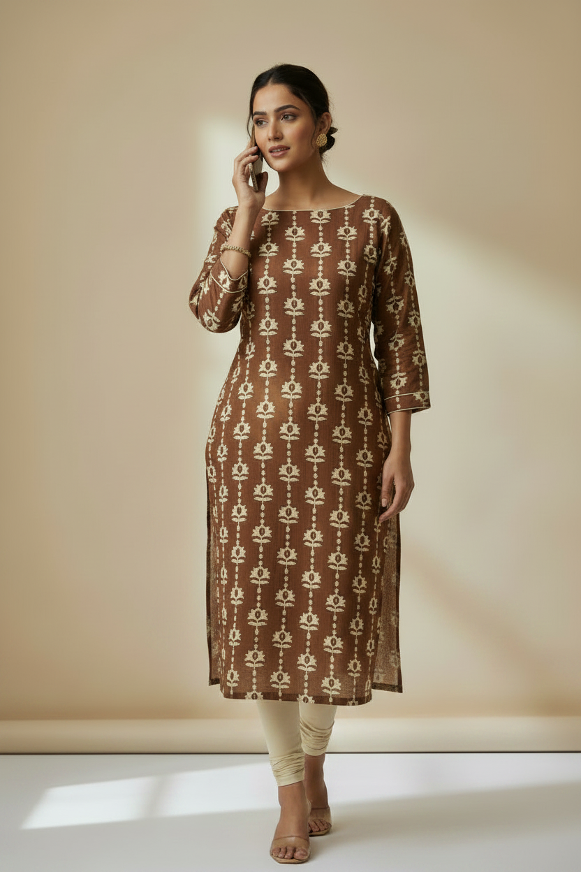 BROWN HANDBLOCKED COTTON PRECUT 2.5M FABRIC