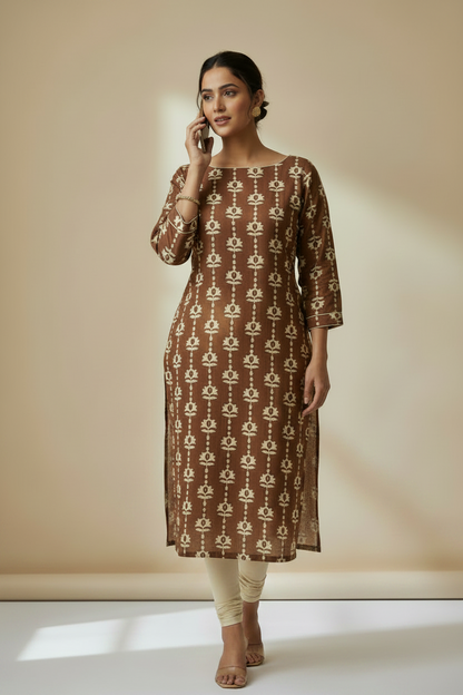 BROWN HANDBLOCKED COTTON PRECUT 2.5M FABRIC