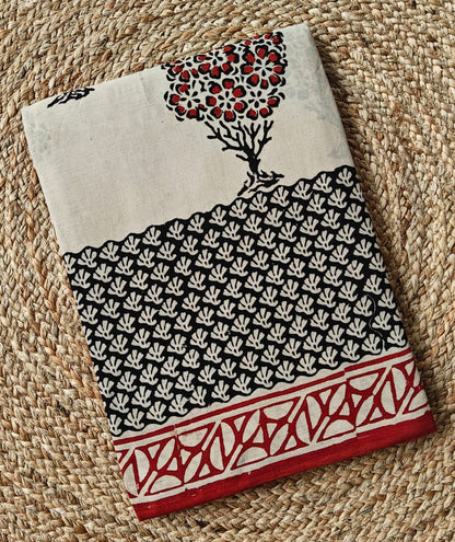 CREAM HANDBLOCK MULMUL SAREE