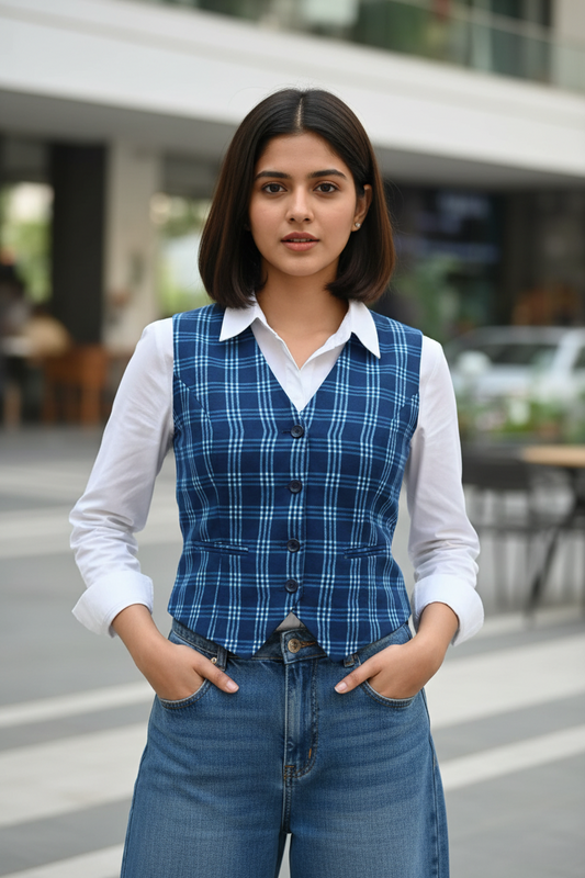 BLUE CHECKED HANDBLOCKED COTTON PRECUT 2.5M FABRIC