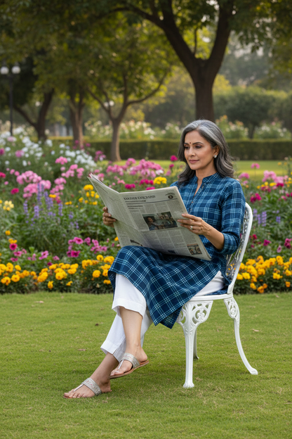BLUE CHECKED HANDBLOCKED COTTON PRECUT 2.5M FABRIC