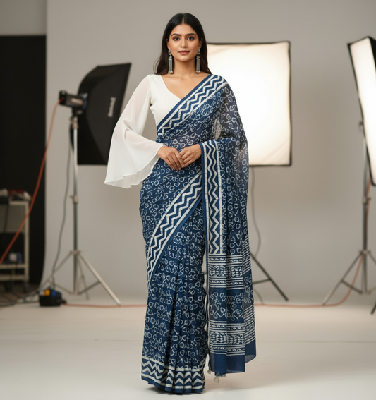 INDIGO HANDBLOCK MULMUL SAREE