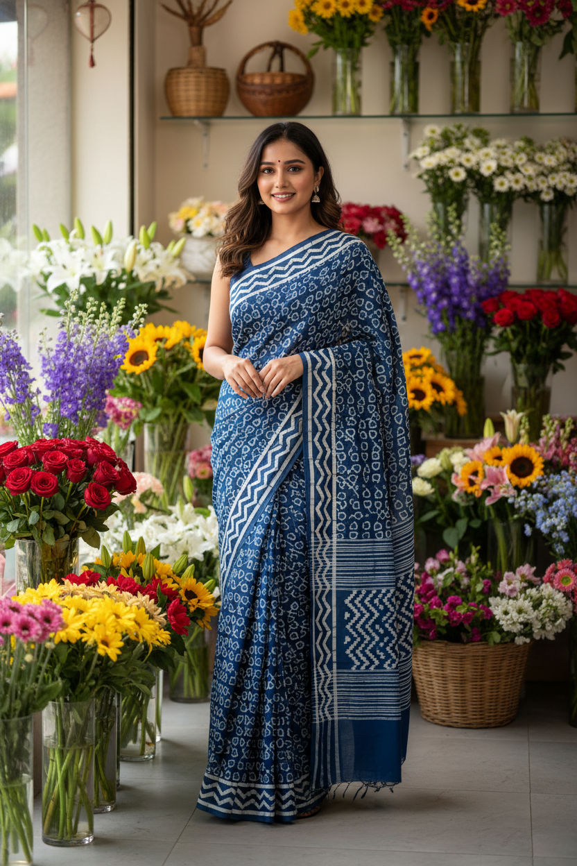 INDIGO HANDBLOCK MULMUL SAREE