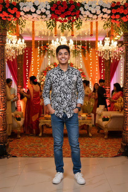 BLACK & WHITE HANDBLOCKED COTTON PRECUT 2.5M FABRIC