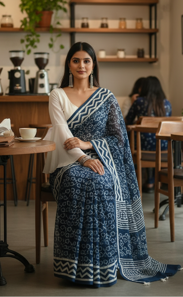 INDIGO HANDBLOCK MULMUL SAREE