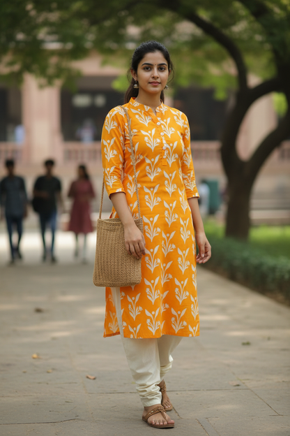 YELLOW HANDBLOCKED COTTON PRECUT 2.5M FABRIC