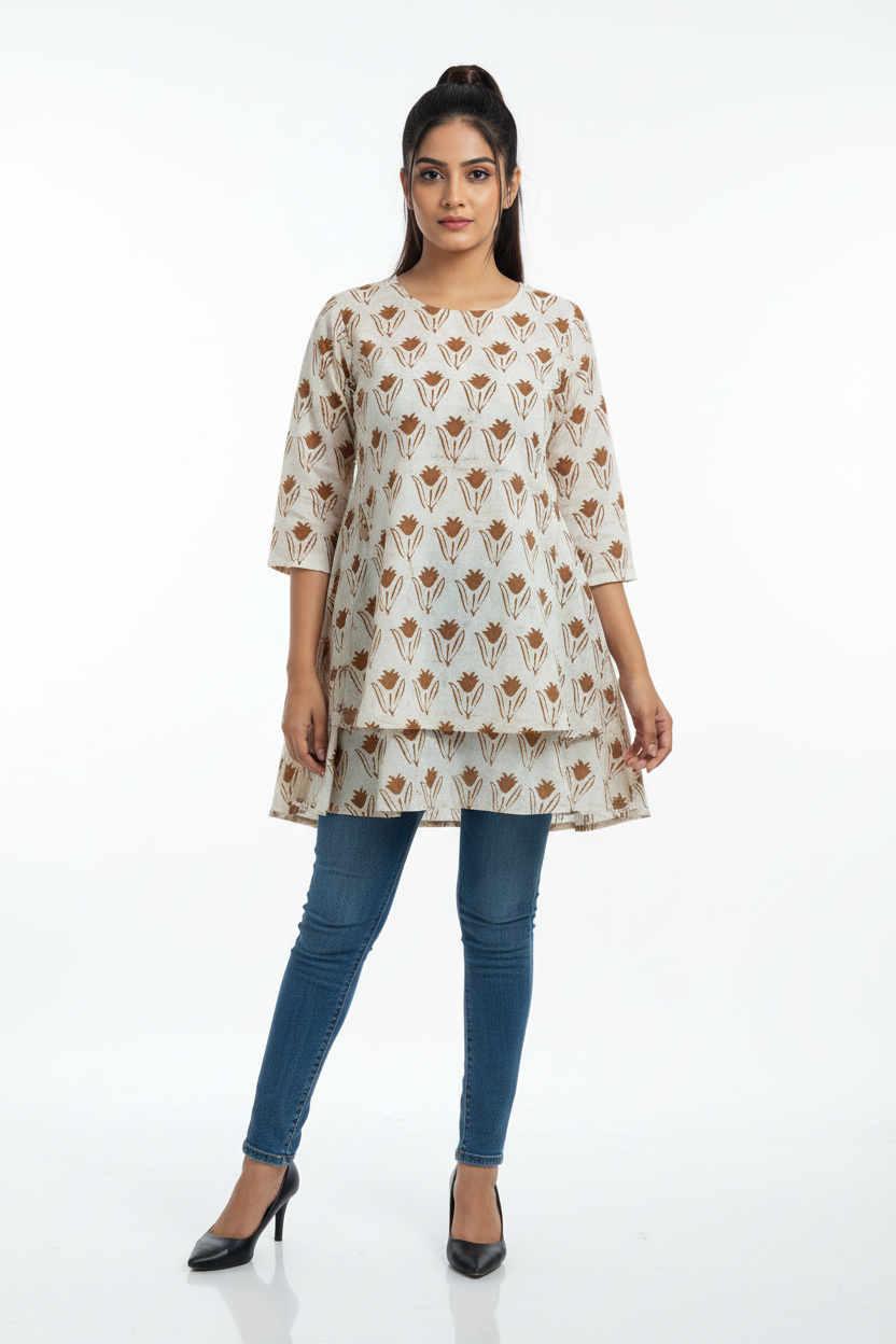 CREAM & BROWN HANDBLOCKED COTTON PRECUT 2.5M FABRIC