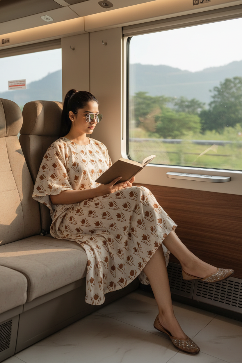 CREAM & BROWN HANDBLOCKED COTTON PRECUT 2.5M FABRIC