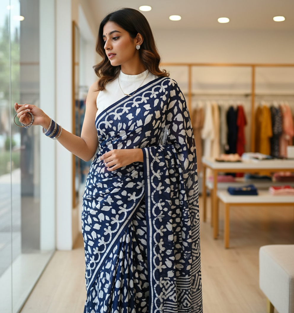 INDIGO HANDBLOCK MULMUL SAREE