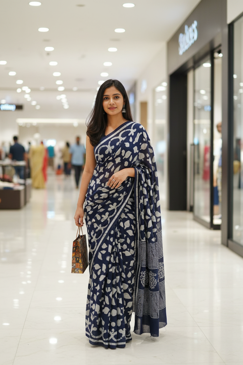 INDIGO HANDBLOCK MULMUL SAREE