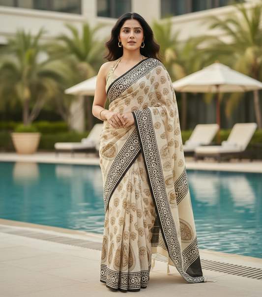 CREAM HANDBLOCK  MUL MUL SAREE