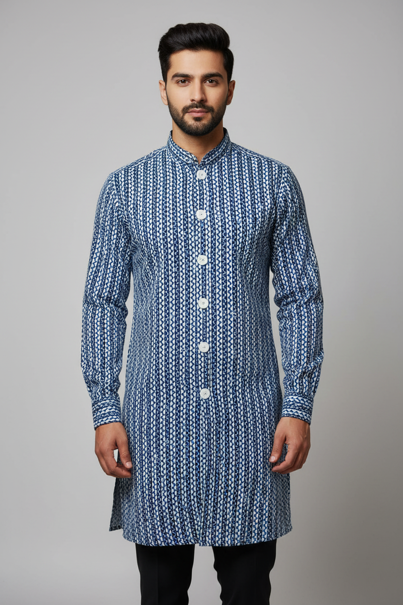 BLUE HANDBLOCKED COTTON PRECUT 2.5M FABRIC