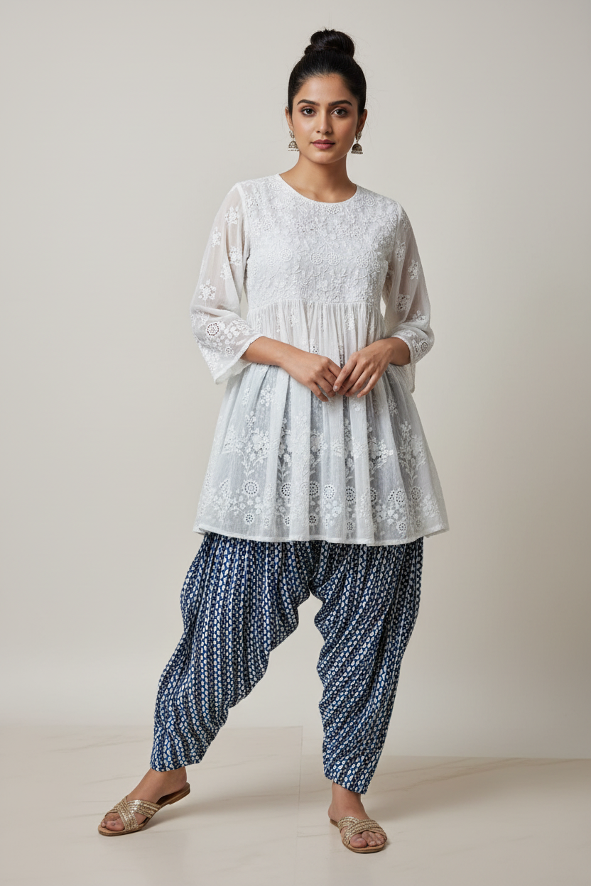 BLUE HANDBLOCKED COTTON PRECUT 2.5M FABRIC