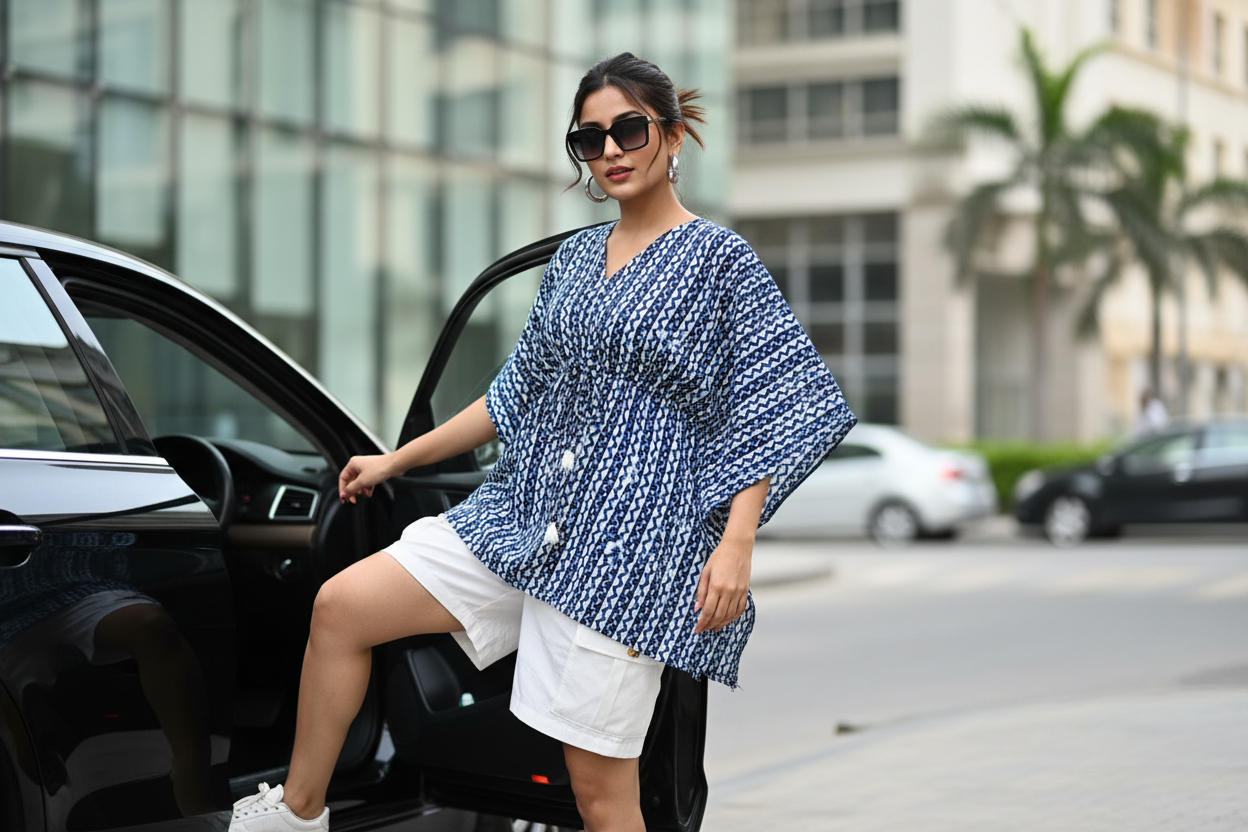 BLUE HANDBLOCKED COTTON PRECUT 2.5M FABRIC