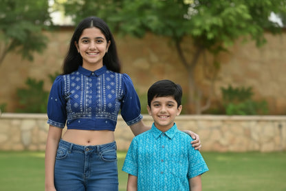 LIGHT BLUE HANDBLOCKED COTTON PRECUT 2.5M FABRIC