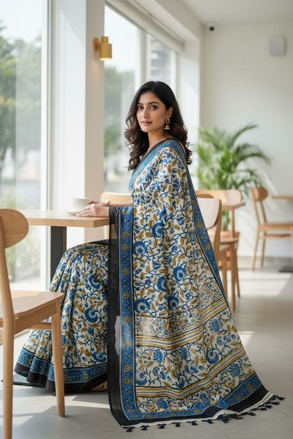 BLUE HANDBLOCKED MUL MUL SAREE
