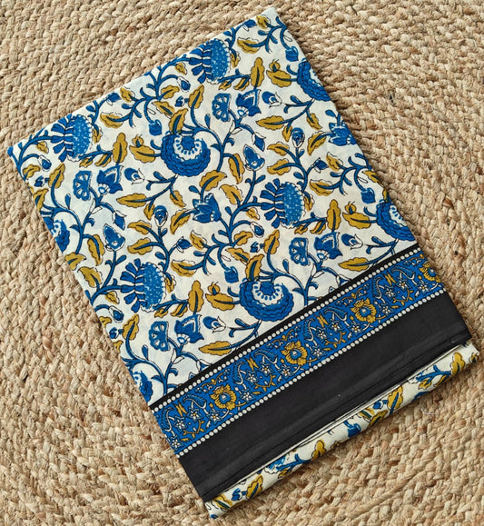 BLUE HANDBLOCKED MUL MUL SAREE