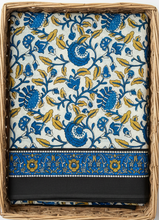 BLUE HANDBLOCKED MUL MUL SAREE