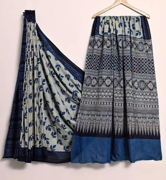 BLUE HANDBLOCKED MUL MUL SAREE