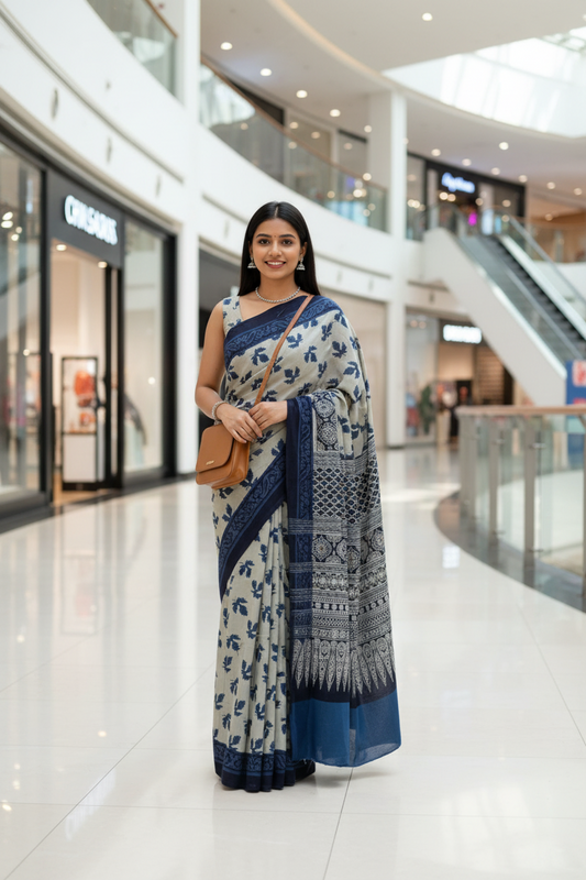BLUE HANDBLOCKED MUL MUL SAREE