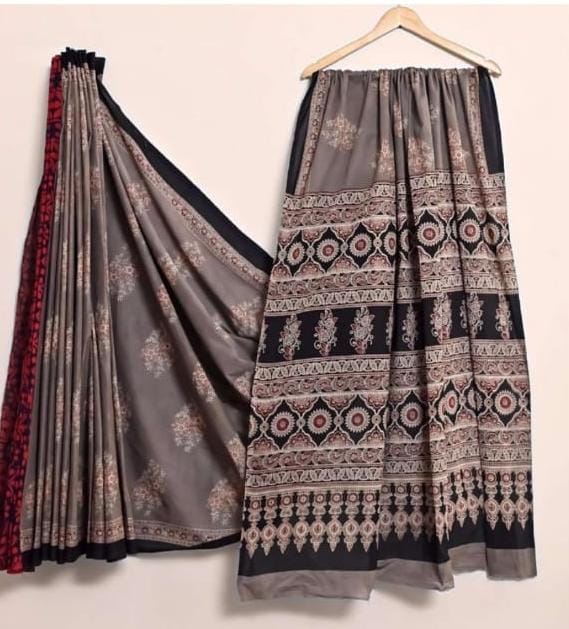 GRAY & RED HANDBLOCKED MUL MUL SAREE