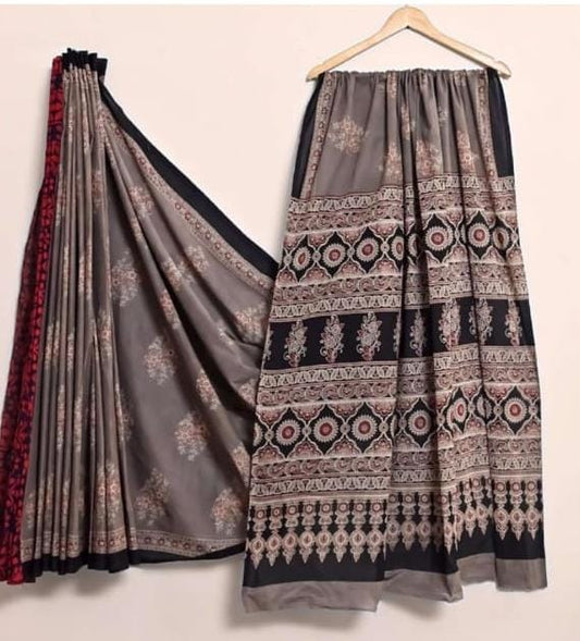 GRAY & RED HANDBLOCKED MUL MUL SAREE