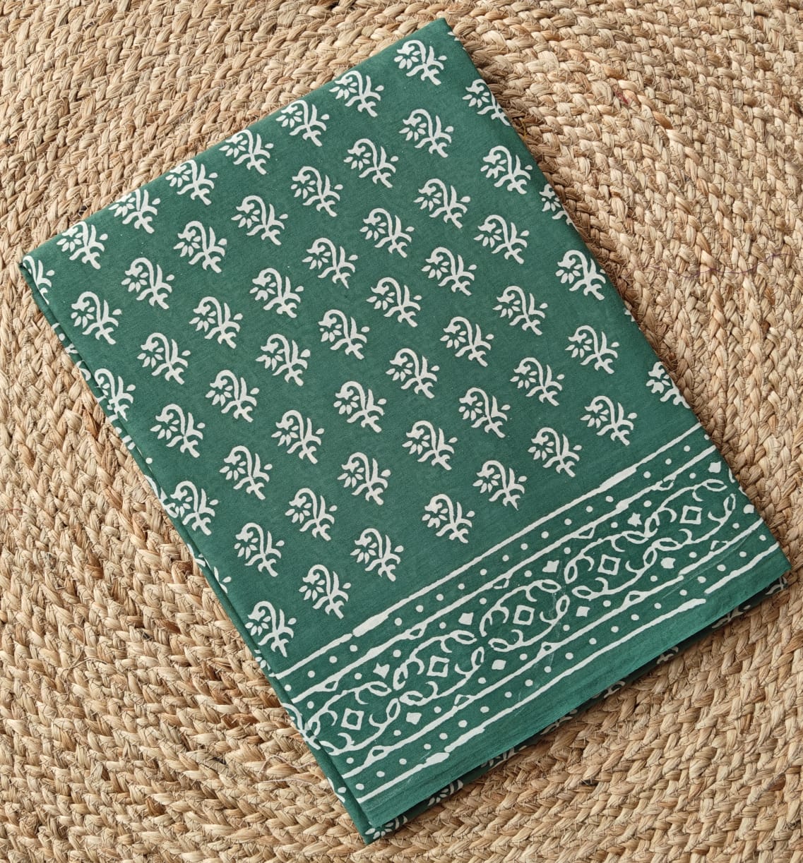 AQUA GREEN HANDBLOCKED MUL MUL SAREE