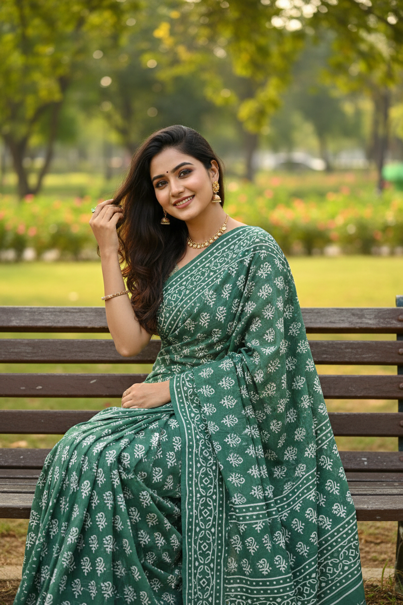 AQUA GREEN HANDBLOCKED MUL MUL SAREE