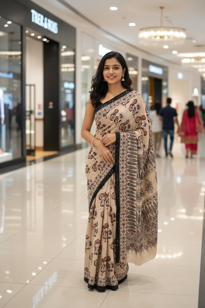 CREAM HANDBLOCKED MUL MUL SAREE