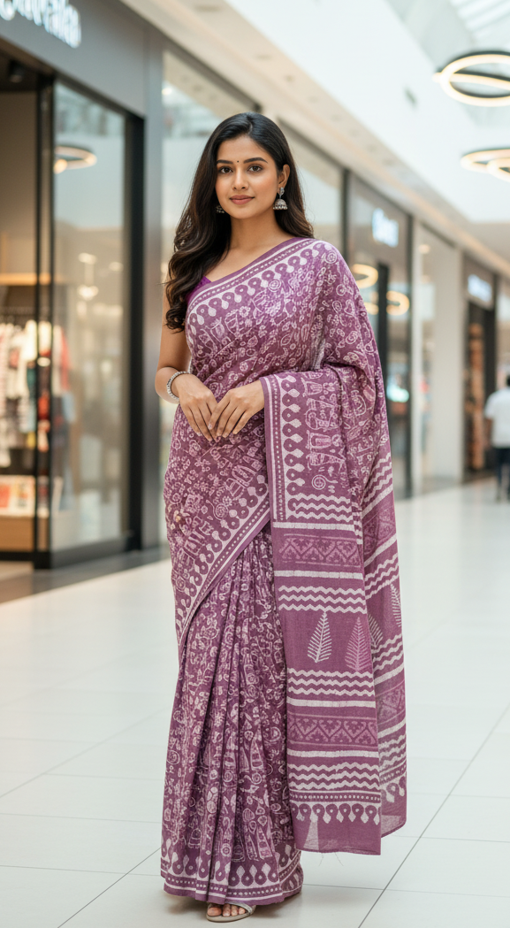 PALE PINK HANDBLOCKED MUL MUL SAREE