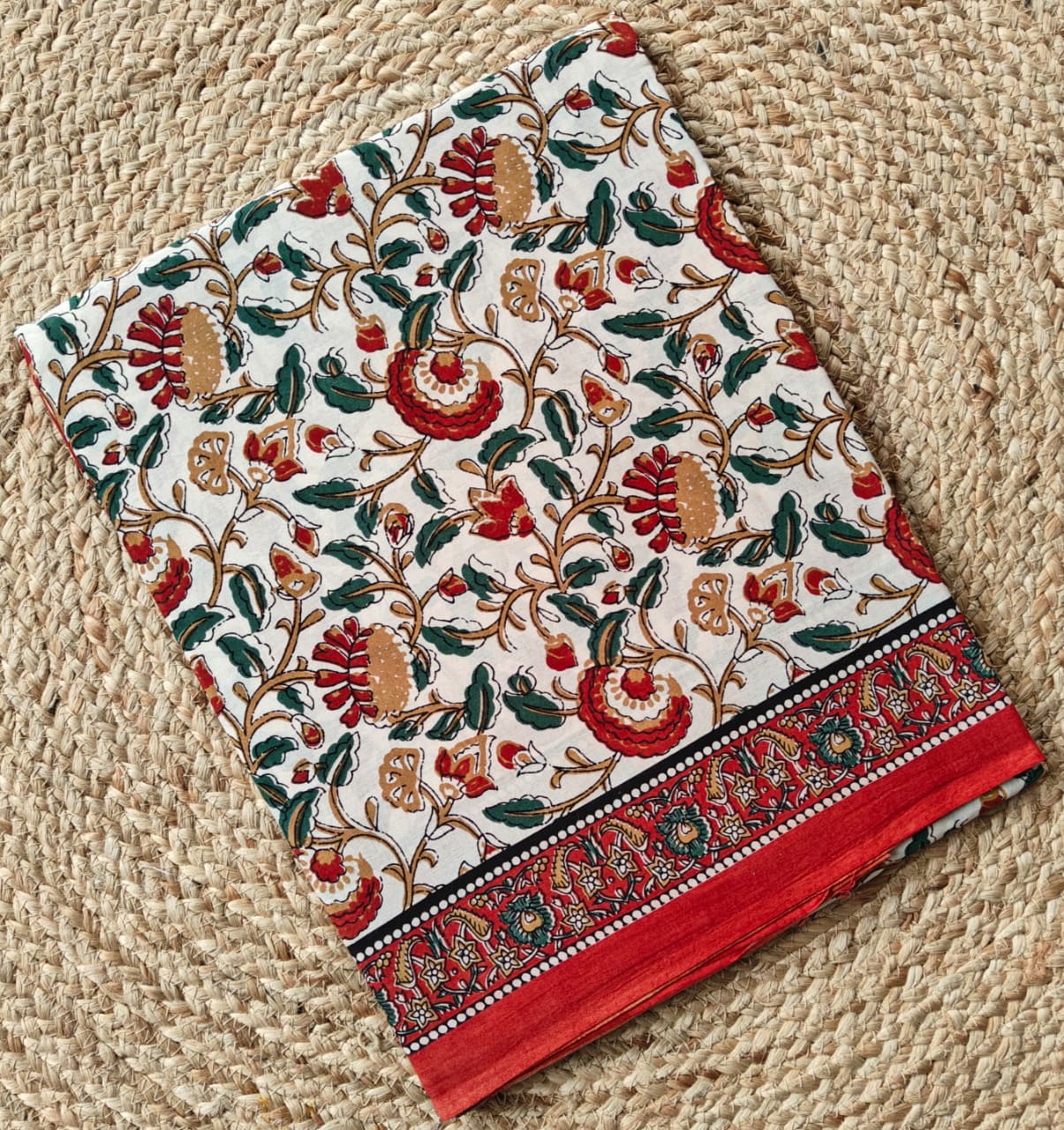 RED HANDBLOCKED MUL MUL SAREE