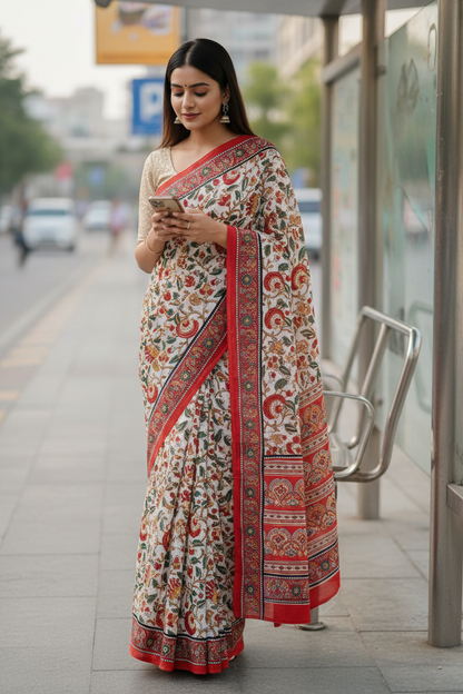 RED HANDBLOCKED MUL MUL SAREE