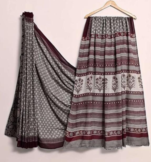 GRAY & RED HANBLOCKED MUL MUL SAREE