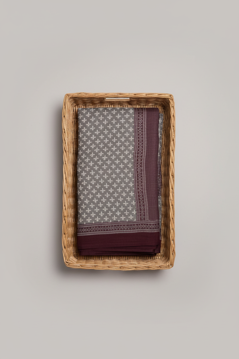 GRAY & RED HANBLOCKED MUL MUL SAREE