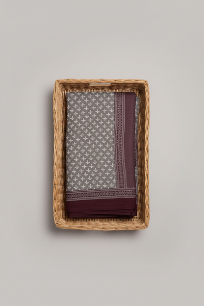 GRAY & RED HANBLOCKED MUL MUL SAREE