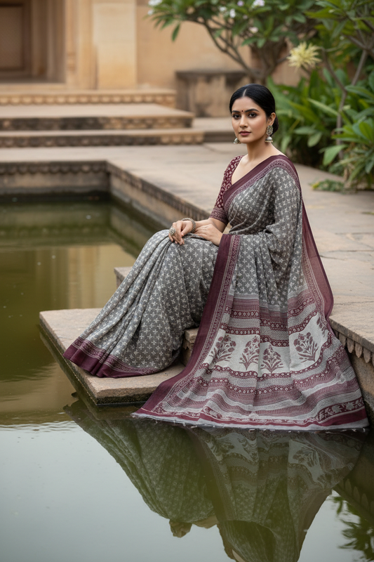 GRAY & RED HANBLOCKED MUL MUL SAREE