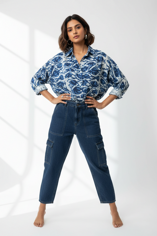 INDIGO HANDBLOCKED COTTON PRECUT 2.5M FABRIC