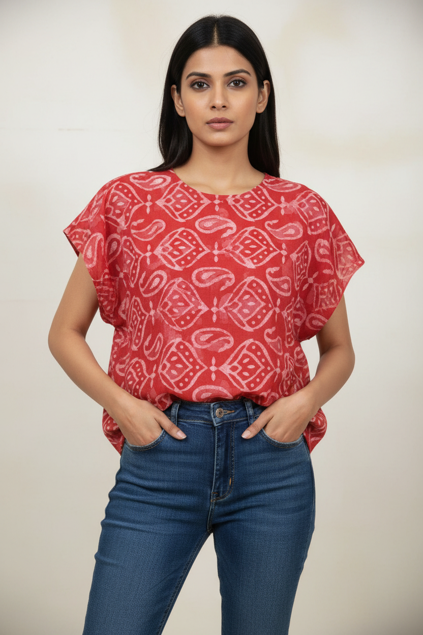 RED HANDBLOCKED COTTON PRECUT 2.5M FABRIC