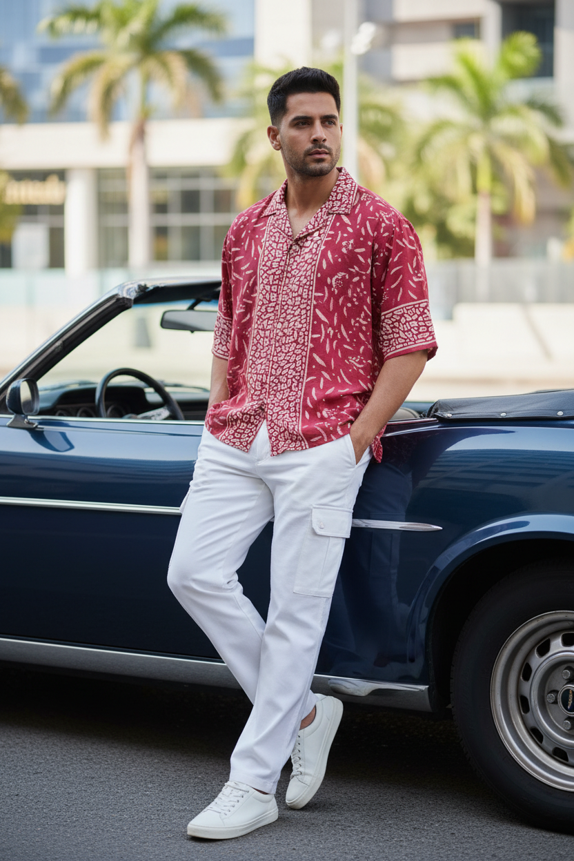 MAROON HANDBLOCKED COTTON PRECUT 2.5M FABRIC