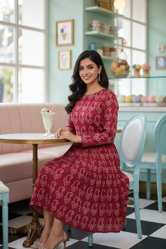 MAROON HANDBLOCKED COTTON PRECUT 2.5M FABRIC