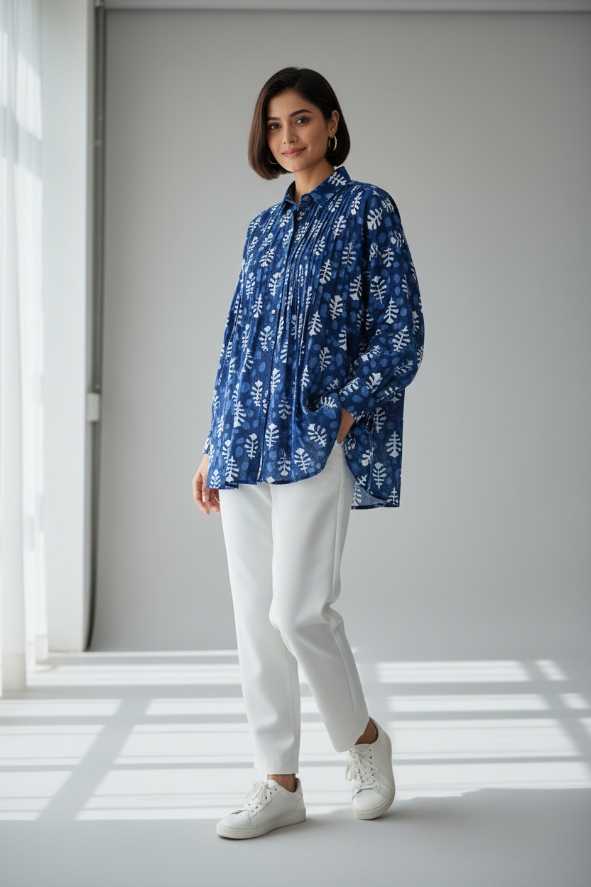 INDIGO HANDBLOCKED COTTON PRECUT 2.5M FABRIC