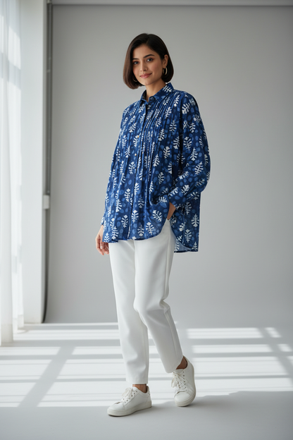 INDIGO HANDBLOCKED COTTON PRECUT 2.5M FABRIC