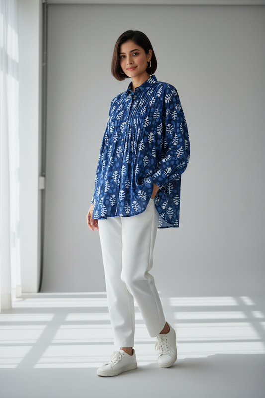 INDIGO HANDBLOCKED COTTON PRECUT 2.5M FABRIC