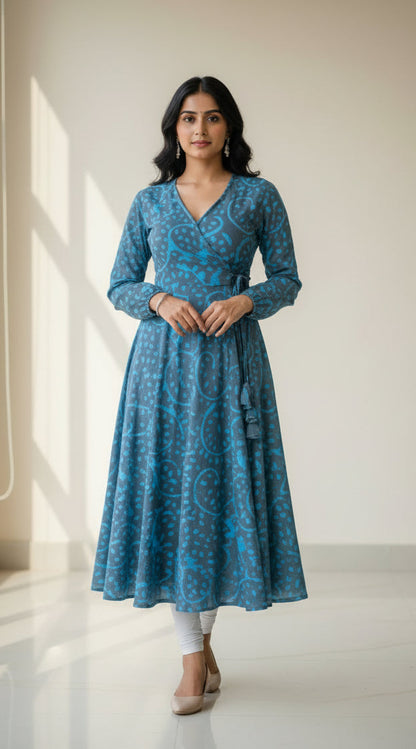 TURQUOISE BLUE HANDBLOCKED COTTON PRECUT 2.5M FABRIC